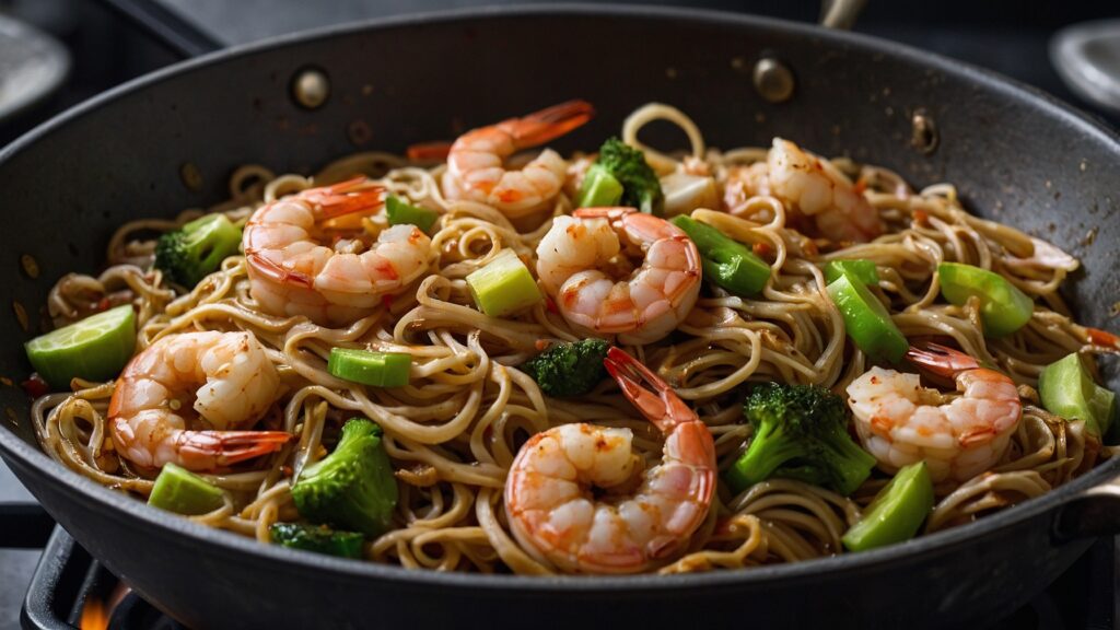 Shrimp lo mein in pan