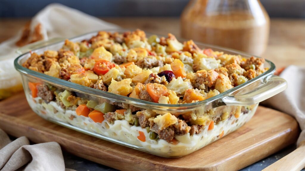 stuffing casserole with ground sausage, veggies and a creamy base